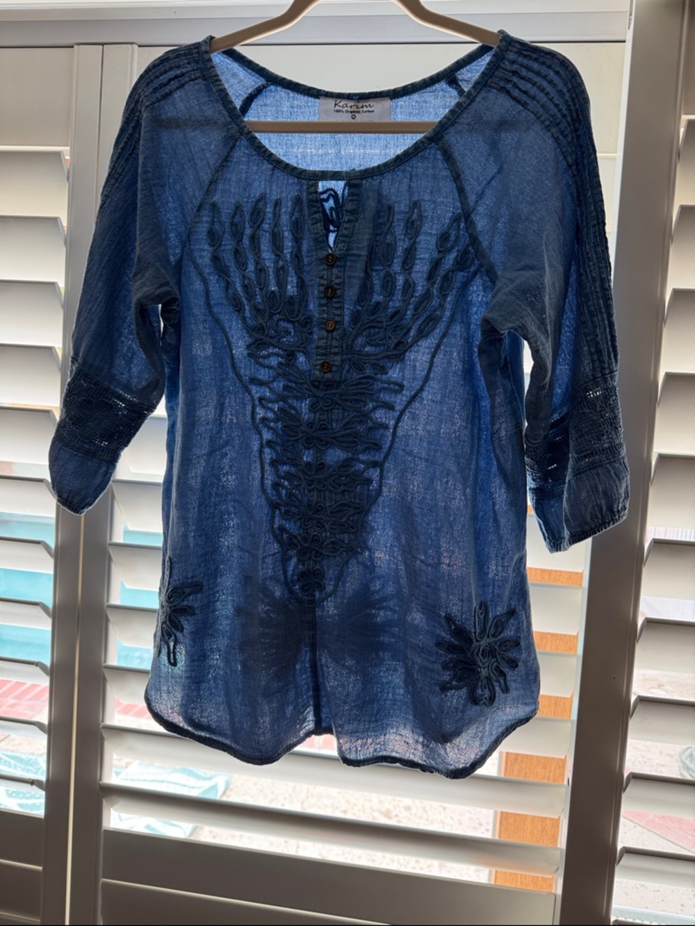 Blue Embroidered Peasant Top - Lightweight Women's Blouse